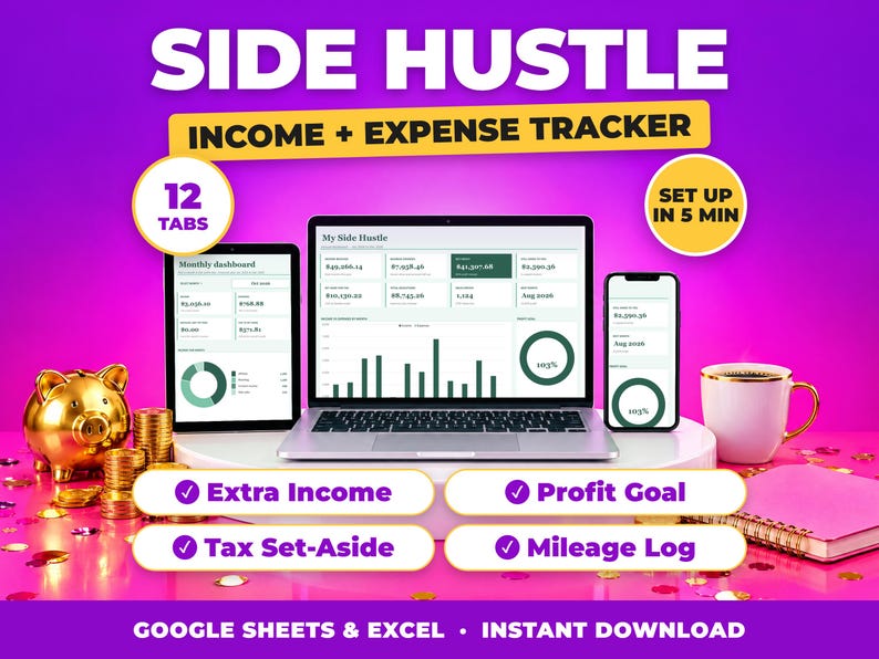 Side Hustle bookkeeping spreadsheet for Google Sheets and Excel on laptop, tablet and phone