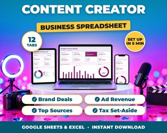 Kalkylblad för bokföring för innehållsskapare, inkomstspårning för influencers, varumärkesavtal och annonsintäkter, skattesammanfattning (Google Sheets + Excel)
