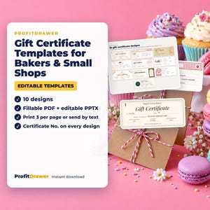 Puede incluir: Una pantalla de producto digital para plantillas de certificados de regalo de ProfitDrawer con texto, una lista de diez diseños, opciones de PDF rellenable y PPTX editable, y ejemplos de certificados impresos junto a cupcakes y macarons.