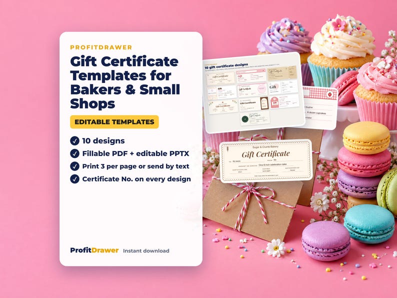 Gift Certificate Templates for Bakers & Small Shops - ProfitDrawer instant download