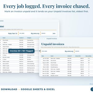 Income sheet and unpaid invoices list with overdue flags