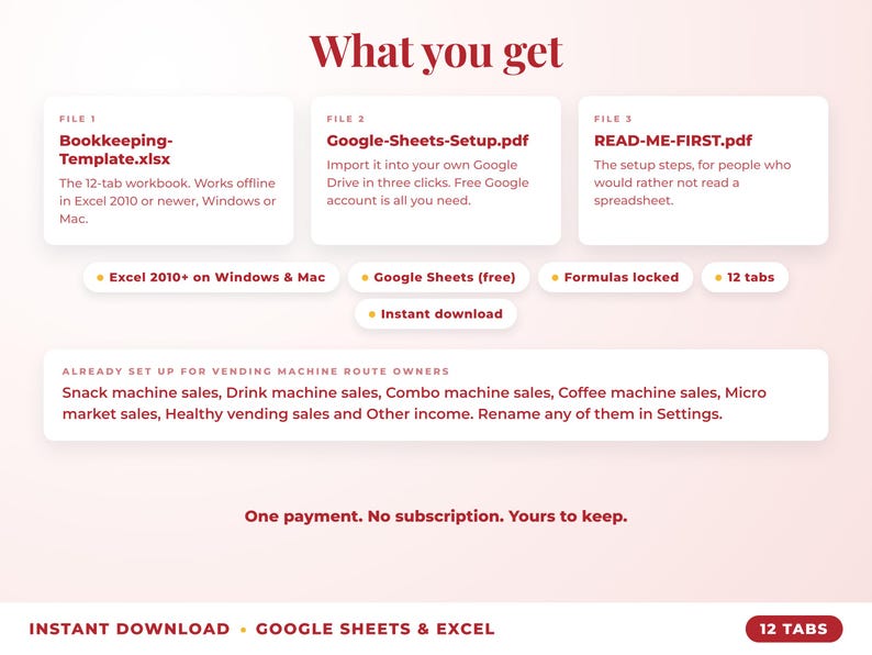 What is included: 12-tab Excel workbook, Google Sheets setup guide and read-me-first guide