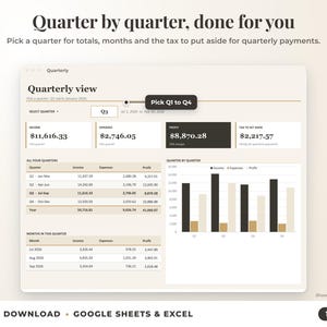 Quarterly view with quarter selector, quarterly totals, chart and tax set-aside