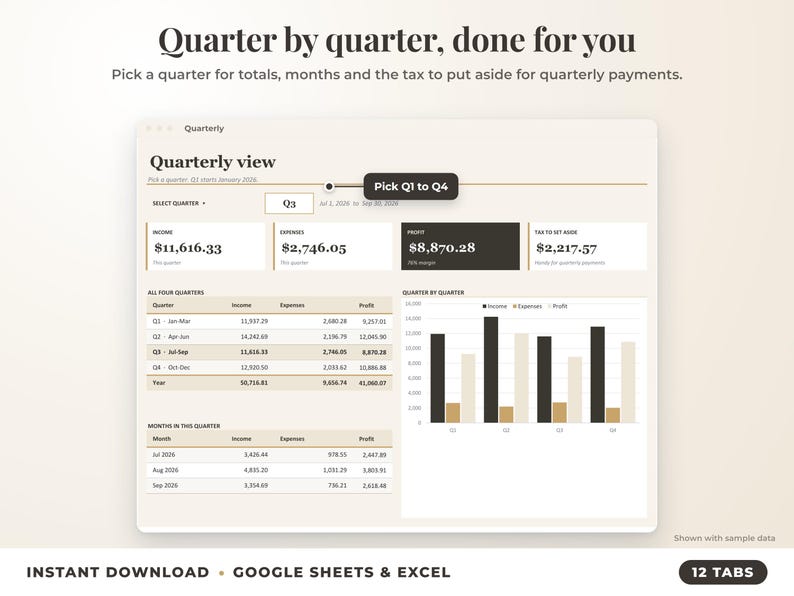 Quarterly view with quarter selector, quarterly totals, chart and tax set-aside