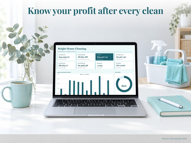 Cleaning Business bookkeeping spreadsheet annual dashboard open on a laptop on a desk