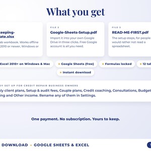 What is included: 12-tab Excel workbook, Google Sheets setup guide and read-me-first guide