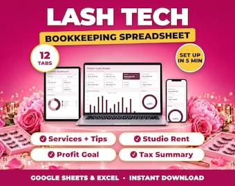Lash Tech-kalkylblad | Inkomst-, dricks- och utgiftsspårning för fransföretag, bokföring för hudvårdsexperter (Google Sheets + Excel)
