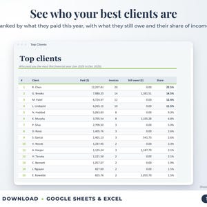 Top clients ranked by income with invoices, amount owed and share of income
