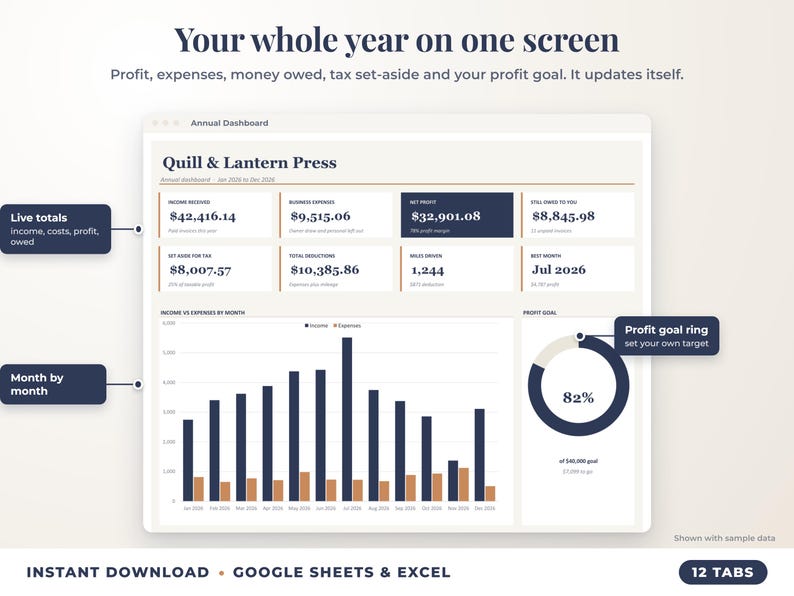 Annual dashboard with income, expenses, net profit, money owed, profit goal ring and category charts