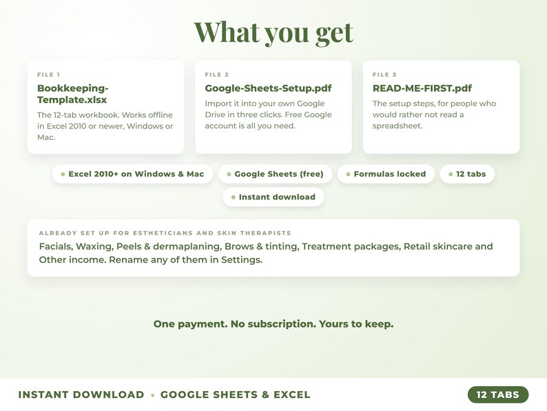 What is included: 12-tab Excel workbook, Google Sheets setup guide and read-me-first guide