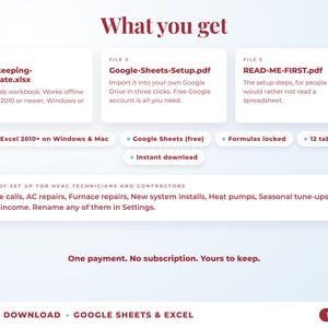 What is included: 12-tab Excel workbook, Google Sheets setup guide and read-me-first guide