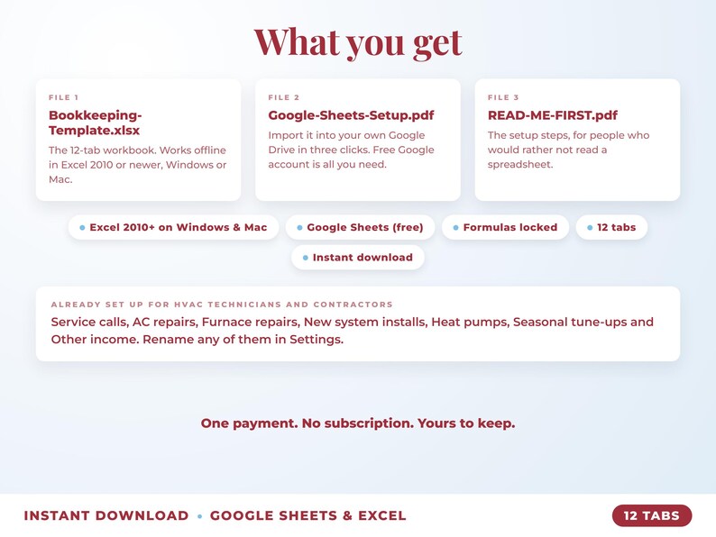 What is included: 12-tab Excel workbook, Google Sheets setup guide and read-me-first guide