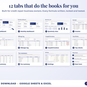 All 12 tabs of the bookkeeping spreadsheet: dashboards, income, expenses, mileage, unpaid invoices, top clients, tax summary