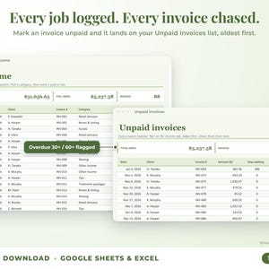 Income sheet and unpaid invoices list with overdue flags