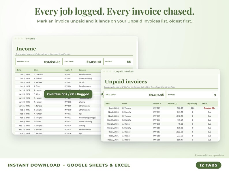 Income sheet and unpaid invoices list with overdue flags