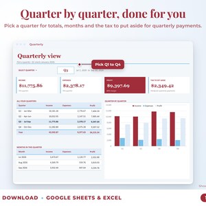 Quarterly view with quarter selector, quarterly totals, chart and tax set-aside