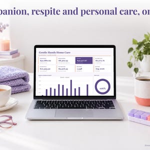 Home Care bookkeeping spreadsheet annual dashboard open on a laptop on a desk