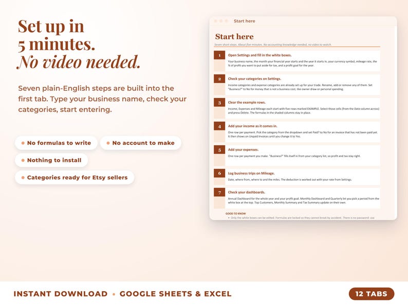 Start here tab with seven setup steps, no video needed