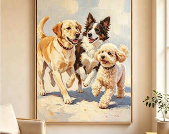 Three Dogs Playing Oil Painting Print, playing together in a warm oil painting,Golden Retriever Corgi French Bulldog Art