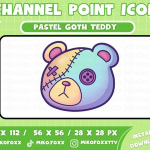 May include: A digital illustration of a pastel goth teddy bear icon. The bear's head is divided into sections of yellow, blue, and purple, with stitched seams and a button eye. Text at the top reads "CHANNEL POINT ICON" and "PASTEL GOTH TEDDY".