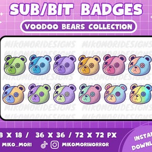 May include: A digital art graphic featuring a collection of colorful voodoo bear badges. Each bear has a stitched design and button eyes. The text "SUB/BIT BADGES" and "VOODOO BEARS COLLECTION" are displayed at the top. The image also includes size specifications.
