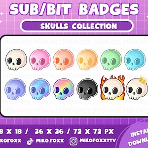 12x Skull Twitch Sub Badges | Bit Badges | Emotes | Halloween | Kawaii | Rainbow | Spooky Aesthetic