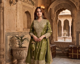 Olive Green Embroidered Pakistani Salwar Suit, Heavy Zari Thread Work Kurti Pant Set, Indian Wedding Dress, Mehndi Outfit for Women
