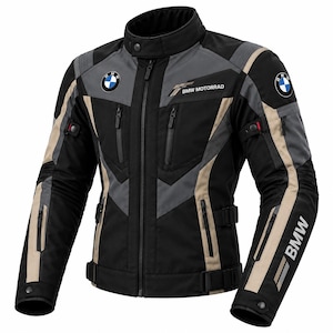 May include: A black, grey, and beige motorcycle jacket featuring a high collar, a full-length front zip, and multiple zipped pockets. The BMW Motorrad logo is printed on the chest and shoulders, with BMW text on the left sleeve.