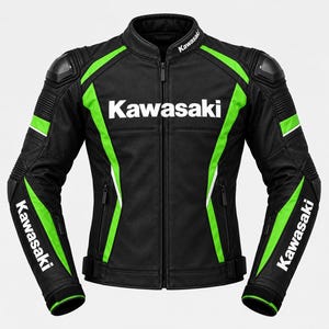 Può includere: Una giacca da moto nera con accenti verde brillante e il marchio Kawasaki bianco sul petto, sul colletto e sulle maniche. La giacca presenta una cerniera frontale a tutta lunghezza, imbottitura protettiva sulle spalle e cinturini regolabili.