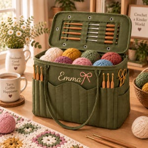 Puede incluir: Una bolsa de almacenamiento de hilo de tela verde oliva con el nombre Emma bordado en blanco y un lazo rosa. La bolsa incluye una parte superior abierta, bolsillos exteriores con ganchillos y tijeras, y un organizador en la tapa interior.
