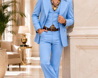 Men 70s Sky Blue 3 Piece Suit Vintage Bell Bottom Prom Suit Retro Disco Tuxedo Flared Pants Vest Jacket Custom Tailored Men Suit