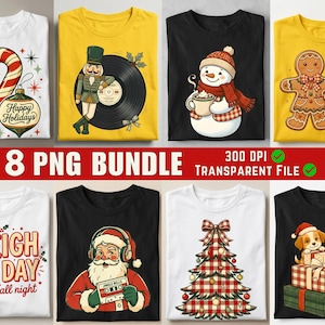 Retro kerst PNG-bundel, vintage kerstman, notenkraker, sneeuwpop, peperkoek, geruite kerstboom, sublimatieontwerp voor de feestdagen, print-on-demand (8 PNG-bestanden)