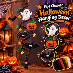Halloween-Pfeifenreiniger-Bastelvorlage (PDF), Hängedeko-Bastelidee, Spinne, Geist, Kürbis, Fledermaus, Hexenhut