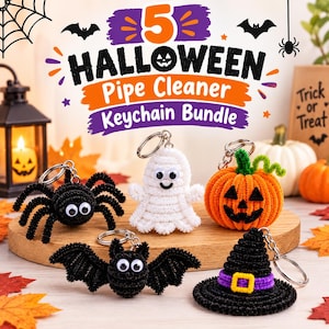 Halloween Pipe Cleaner Keychain PDF, 5 DIY Chenille Stem Crafts, Spider Ghost Pumpkin Bat Witch Hat Tutorial (Digital Download)