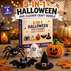 May include: A 5-in-1 Halloween pipe cleaner craft bundle kit featuring a box with instructions and five finished figures: a black spider, a white ghost, an orange pumpkin, a black bat, and a black witch hat with a purple band and yellow buckle.