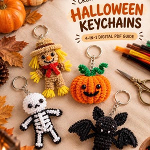 PDF de limpiapipas, tutorial para llavero de Halloween 4 en 1 con espantapájaros, calabaza, esqueleto y murciélago.