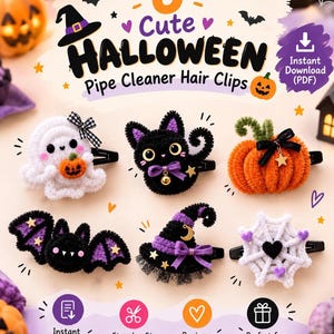 Könnte beinhalten: Eine digitale Anleitung für 6 Halloween-Haarspangen aus Pfeifenreinigern, bestehend aus einem weißen Geist, einer schwarzen Katze, einem orangefarbenen Kürbis, einer schwarzen Fledermaus, einem lila Hexenhut und einem weißen Spinnennetz.
