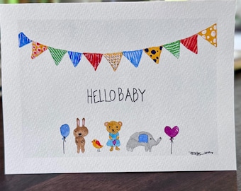 Hello baby hand painted watercolor blank greeting card original