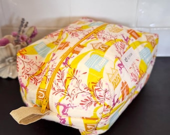 Quilted Cosmetic Bag, Yellow Pink Orange Travel Toiletry Organizer, Handmade Zipper Pouch