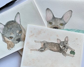 Frenchie “Capone”  hand painted watercolor blank greeting cards set of 3 original