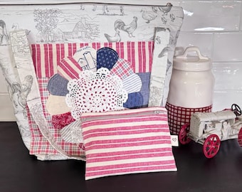 Handmade handbag red white blue dresdon with vintage doilie quilted