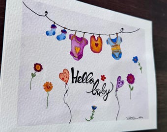 Hand Painted Watercolor Baby Clothesline Card (Original).