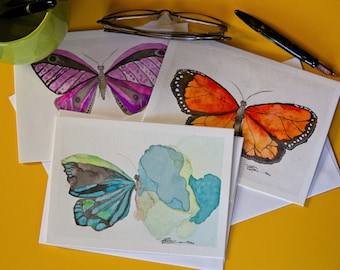 Original watercolor hand painted butterfly cards set of 3