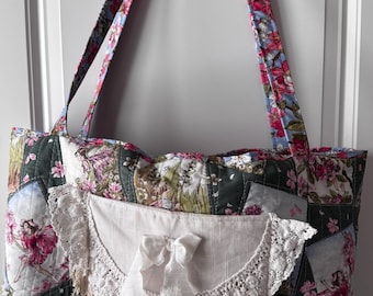Handmade handbag quilted tote bag with vintage doilie trim.