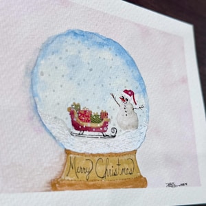 Snowmen globe  watercolor blank greeting card original