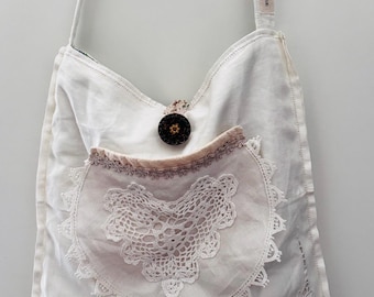 Upcycled Linen Handbag, Vintage Floral Fabric, Doilie Accent Shoulder Bag