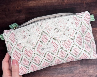 Quilted pink green Zipper Pouch with Vintage Lace, Organizer Travel Bag