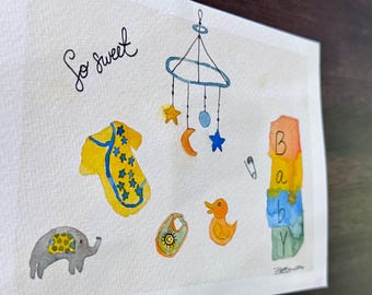 Baby so sweet hand painted watercolor blank greeting card original