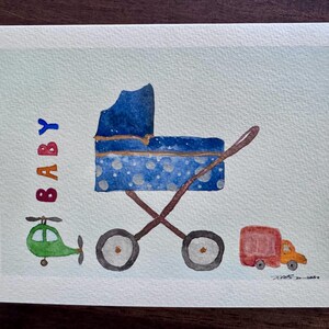 Baby  stroller watercolor blank greeting card original