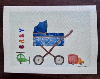 Baby  stroller hand painted watercolor blank greeting card original